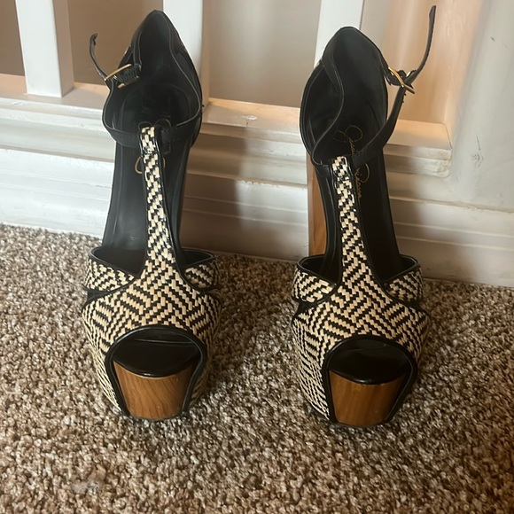 Size 7.5 Jessica Simpson chunky heels wood checkered platform high black white - Picture 3 of 4